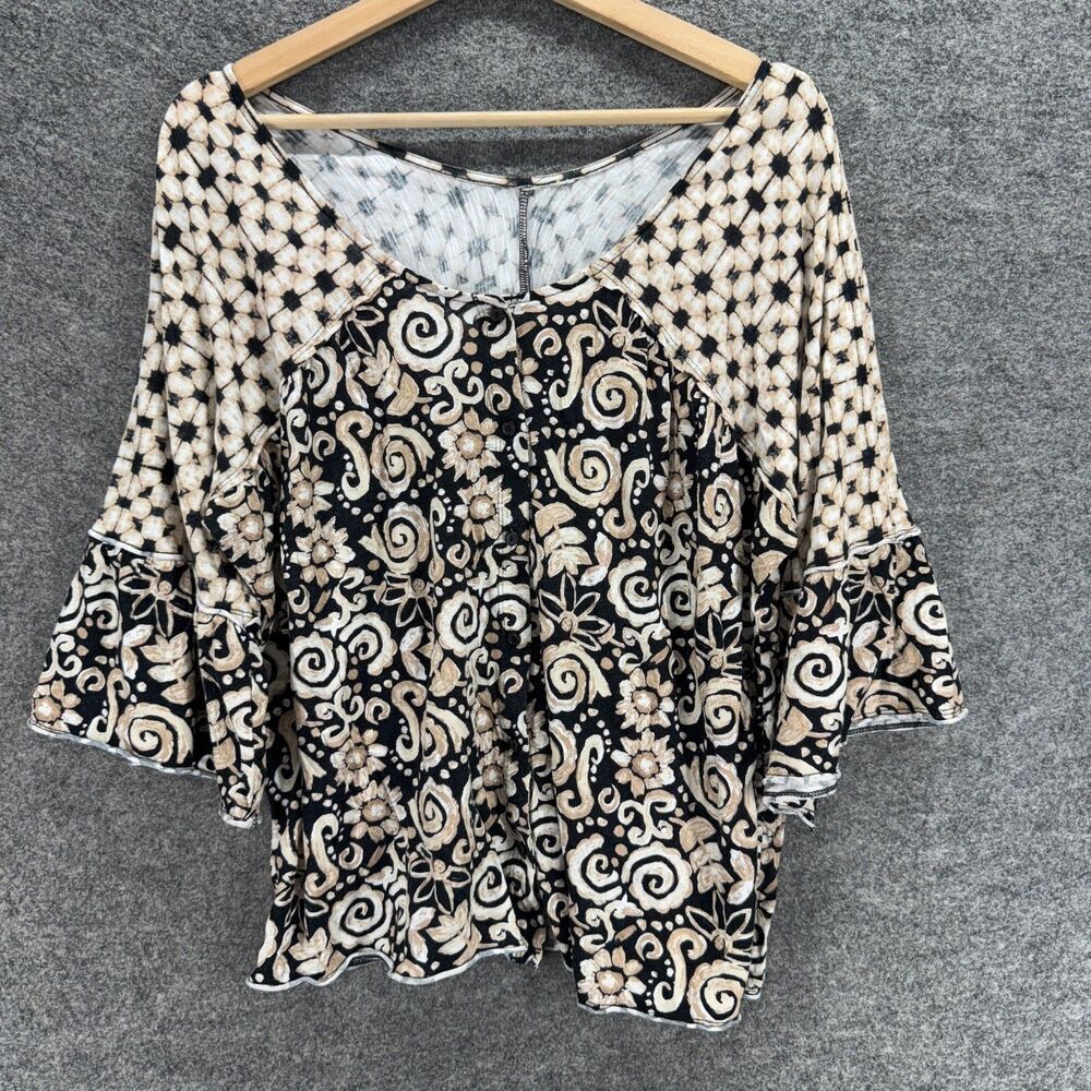 Unbranded Blouse Women M Medium Black Geometric 3/4 Sleeve Round Neck Casual